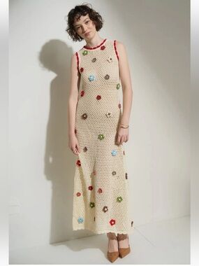 Callahan Knitwear Flor Knit Maxi dress Cream Crochet Sz L Sleeveless Bohemian